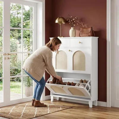 Produktbild von Schuhschrank mit 2 Klappen, Rattan, 2 Schubladen, 12-16 Paar | Großer Schuhschrank Holz, Trennwand Verstellbar, Schuhaufbewahrung für Flur, Garderobe,