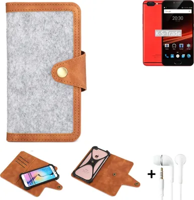 Produktbild von K-S-Trade Handyhülle + Kopfhörer kompatibel mit UMIDIGI Z1 Pro Schutzhülle Filz Hülle Kunstleder hellgrau braun (1x)