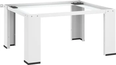 A white metal stand for a washing machine.