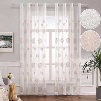 Produktbild von 2er Set Vorhänge Bestickter Transparente Voile Gardinen mit Ösen Dekoschal für Wohnzimmer Schlafzimmer, Beige, B140xH225cm