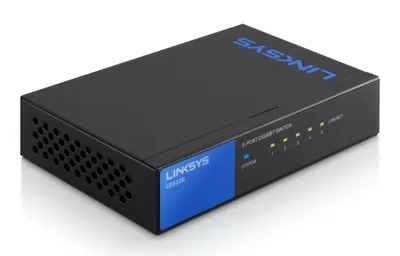 A black Linksys unmanaged gigabit switch with blue accents and indicator lights.