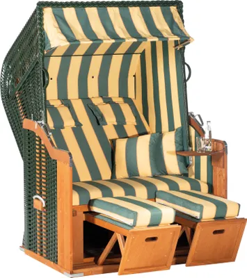 Produktbild von Rustikal Strandkorb 250 Plus, aufgebauter Strandkorb, 2-Sitzer Halbliegemodell Ostseeform, Geflecht grün, Strukturpolyester gestreift, Fichtenholz, ca. 125x90x160 cm