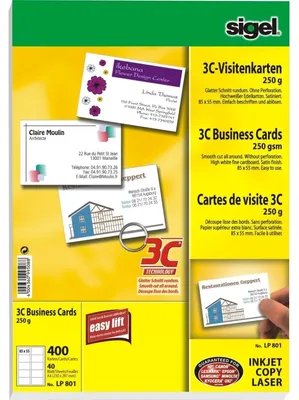 Image de SIGEL LP801 Cartes de visite, 3C, coupe lisse sur tout le pourtour, 250 g/m², extra-blanc, 400 pièces