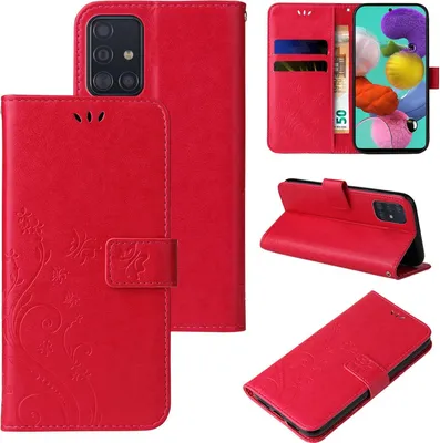 A collage of images showing a red flip phone case with floral and butterfly designs, and a Samsung Galaxy A51 phone inside.