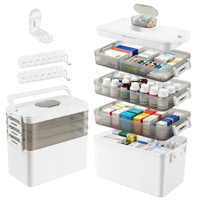 Productafbeelding van 4-laags Medicijndoos met Handgrepen en Pillendoosjes - EHBO Organizer