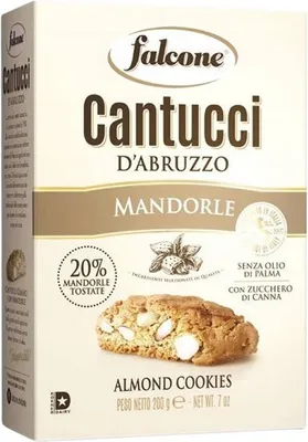 The image shows the front of a Falcone Cantucci D'Abruzzo Mandorle (Almond Cookies) package.