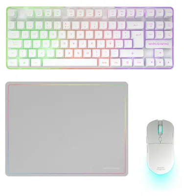 Imagen del producto de Mars Gaming MCPWTKLWPT, inalámbrico, conexión inalámbrica RF + USB, interruptores de membrana, distribución QWERTY, iluminación LED RGB, color blanco