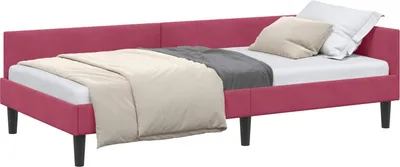 A pink corner bed frame with bedding and pillows.