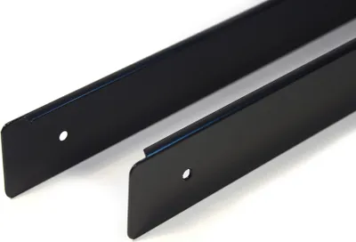 Two black metal strips with holes for mounting, likely for furniture or shelving.