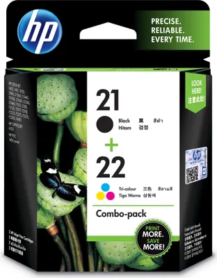 Produktbild von HP 21 Schwarz/22 Cyan/Magenta/Gelb 2er-Pack Original Druckerpatronen, Standardertrag, Schwarz, Cyan, Magenta, Gelb, Tinte auf Pigmentbasis, Tinte auf Farbstoffbasis, 2 Stück(e), 190 Seiten