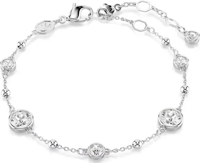A silver-colored bracelet with clear stones and small silver beads is displayed against a white background.