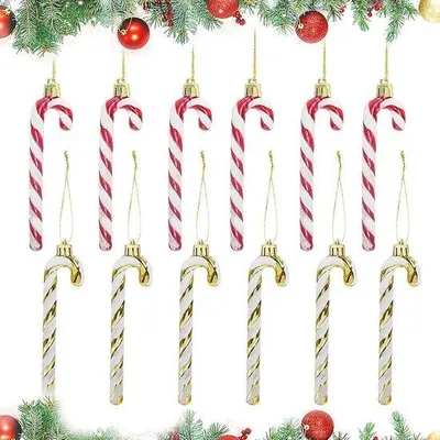 Immagine prodotto di Set di bastoncini natalizi, 12 pezzi, 13,5 cm, rossi e dorati, con ganci, decorazioni natalizie scintillanti
