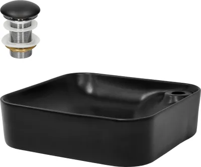Produktbild von LuxeBath Waschbecken Aufsatzwaschbecken Eckig, 43x43x12 cm, Schwarz, aus Keramik, inkl. Ablaufgarnitur ohne Überlauf