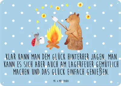 Produktbild von Mr. & Mrs. Panda Blechschild Bär & Marienkäfer Lagerfeuer DIN A5 - Blau Pastell - Geschenk, Türschild, Wandbild, tafel, Magnetschild, Teddy, Schild