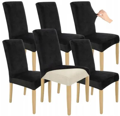 Produktbild von Stuhlhusse Stretch Schwarz - 6 Stück - Samt - Universal - Esszimmer Stuhlbezug