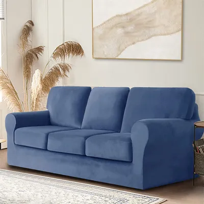 Produktbild von Samt-Stretch-Sofabezug mit separatem Rückenlehnenbezug und Sitzkissenbezug, Anti-Rutsch-Sessel-Sofa-Überzug mit Gummiband für Wohnzimmer (3-sitzer, Dunkelblau)