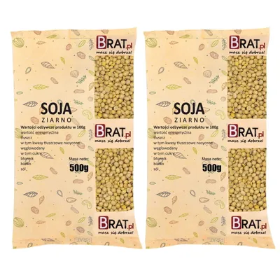 Two bags of soybeans are shown side-by-side against a light beige and white background with decorative drawings.