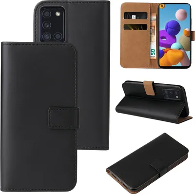 A collage of images showing a black flip phone case for a Samsung Galaxy A21S, including the case open with a phone inside, the case closed, and the case from different angles.
