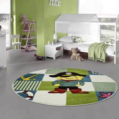 Produktbild von Kinderteppich Spielteppich Kinderzimmerteppich Pirat in türkis grün creme Größe - 120 cm Rund