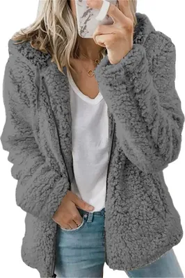 Produktbild von ASKSA Damen-Sweatshirt Flauschige Sherpa-Fleece-Jacke mit Reißverschluss Langärmelig,  Dunkelgrau, 3XL