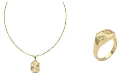 Produktbild von Suzan Gold® 375 Echtgold Schmuckset Damen Ring Halskette Sonnenschliff Platte elegant wasserfest Geschenk Set Crucelle Sun Signet hochwertig