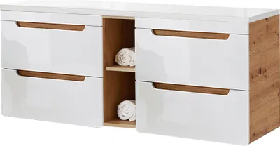 Produktbild von Waschtischunterschrank 141 cm mit 4 Auszügen LUTON-56 in Hochglanz weiß mit Wotan Eiche Nb., B/H/T ca. 141/61,5/46 cm