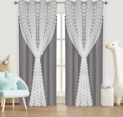 Produktbild von 2 Stück Vorhang mit PomPom und Tüll Doppelschichtige Ösen Vorhänge Gardinen für Kinderzimmer, Grau, 132x213cm