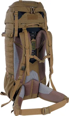 The back view of a large, tan trekking backpack against a white background.