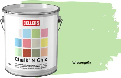 Produktbild von OELLERS Chalk 'N Chic Kreidefarbe Wiesengrün 2,5L matt – für Shabby-Chic-Look & Vintage-Stil auf Holz, Beton, Raufaser, Gipskarton uvm.