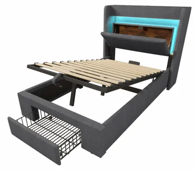 Produktbild von Polsterbett 90x200 cm mit hydraulischem Stauraum, mit LED-Beleuchtung sowie USB & USB-C Anschluss