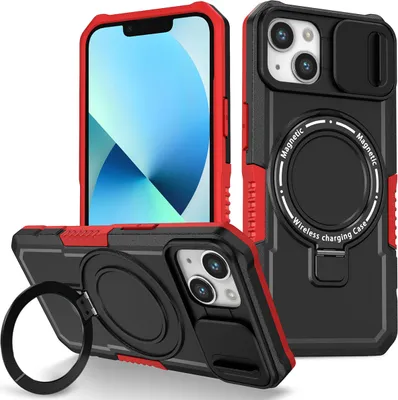 Produktbild von Handyhülle für iPhone 13 Kompatibel mit MagSafe, Robuste Hülle mit Schiebe Kamera Schutz, Magnetischer Ringständer Schwarz Rot