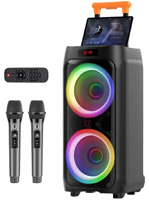 Obrázek produktu pro Karaoke zařízení, 24palcový reproduktor, 2 bezdrátové mikrofony, Bluetooth 5.3, baterie 5500 mAh, až 12 hodin přehrávání