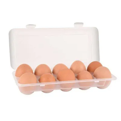 A white plastic egg carton with 10 brown eggs inside, with the lid open.