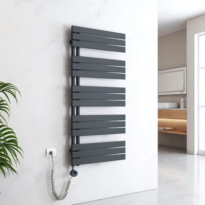 Zdjęcie produktu dla Elektryczna suszarka do ręczników EMKE Asymetryczny, elektryczny grzejnik łazienkowy, z termostatem i wyłącznikiem czasowym, 1320 x 600 mm, antracyt, grzałka 800 W