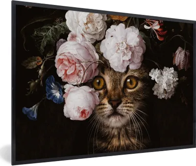 Produktbild von MuchoWow® Gerahmtes Poster Katze - Blumen - Kunst 90x60 cm - Poster mit Schwarzem Bilderrahmen Wandposter Rahmen Foto Bilder - Fotorahmen - Foto-Plakat