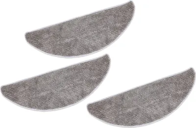 Three gray mop pads arranged diagonally on a white background.