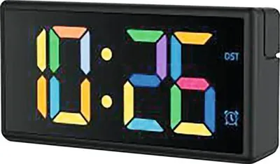 A digital alarm clock with a multicolor display showing the time 10:25.