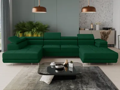 Produktbild von Wohnlandschaft Caris U mit Schlaffunktion und einstellbare Kopfstützen, Ecksofa mit zwei Bettkästen, Couch, Sofa, Bettsofa (Grün (Kronos 19), Ecksofa Rechts)