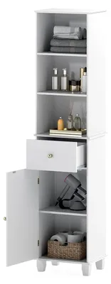 Produktbild von Hochschrank 172 cm, Schmaler Badschrank mit 3 offenen Regalen, 1 Schublade, 1 Tür & Verstellbarem Ablage, 40 x 30 cm Freistehender Badezimmerschrank für Küche & Wohnzimmer (Weiß)