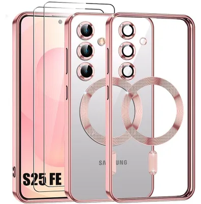 Image de Coque + 2 Verres Trempés pour Samsung Galaxy S25 FE, Silicone avec Cercle Magnétique Protection Caméra - Rose