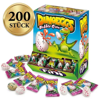 Obrázok produktu pre Sada produktov Komplett 200x: Fini Dinoeggs, príchute: Bubble Gum (žužlovacia guma), Erdbeere (jahoda)