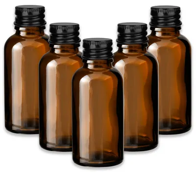 Produktbild von 5x Braune Glasflasche 30 ml mit schwarzem Aluminium Schraubverschluss