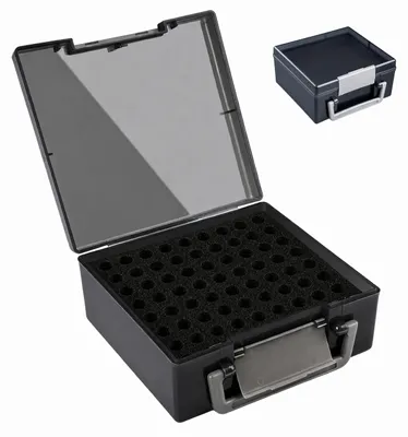 Productafbeelding van Relaxdays batterijhouder, geschikt voor 72 AA- en AAA-batterijen, afmetingen (hoogte x breedte x diepte): 8 x 17 x 16 cm, kunststof, met draaghandvat, grijze batterijdoos