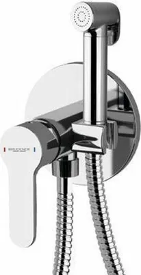 A chrome-plated bidet faucet with a handheld spray nozzle and hose, mounted on a circular plate against a white background.