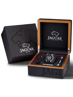 A Jaguar watch set in its presentation box, with an additional box to the side.
