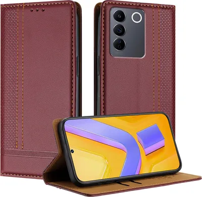 Produktbild von Handyhülle für Vivo V27e Leder Flip Klappbare Schutzhülle mit Standfunktion Dunkelrot