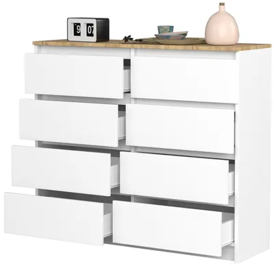 Image de Commode VBChome à 8 tiroirs Blanc et chêne 120 x 39 x 105 cm Commode à tiroirs sans poignées Bois Armoire multifonctionnelle Armoire multifonctionnelle pour couloir