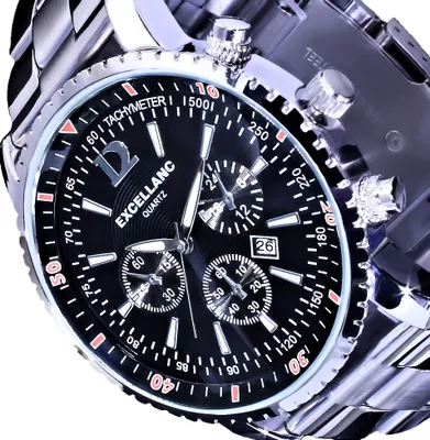 Produktbild von Excellanc Herren Armband Männer Uhr Schwarz Silber Farben Datum Edelstahl