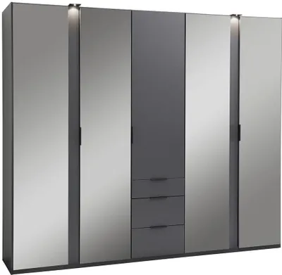 Produktbild von Kleiderschrank - 250 x 216 cm - 5 Türen - 3 Schubladen - Graphitgrau - Grauglas - mit Spiegel