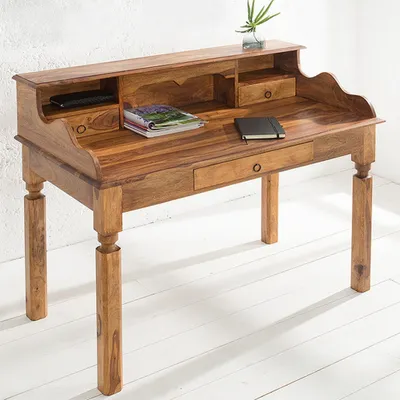 Produktbild von cagü: Exklusiver Design Sekretär & Schreibtisch [SALEM] Sheesham massiv Holz mit 3 Schubladen 115cm x 55cm